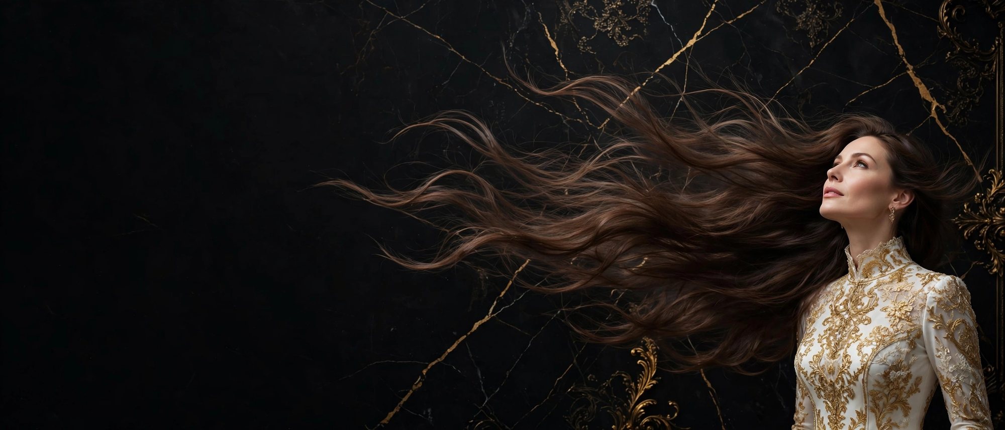 Mujer de perfil con melena castaña al viento sobre mármol negro y dorado