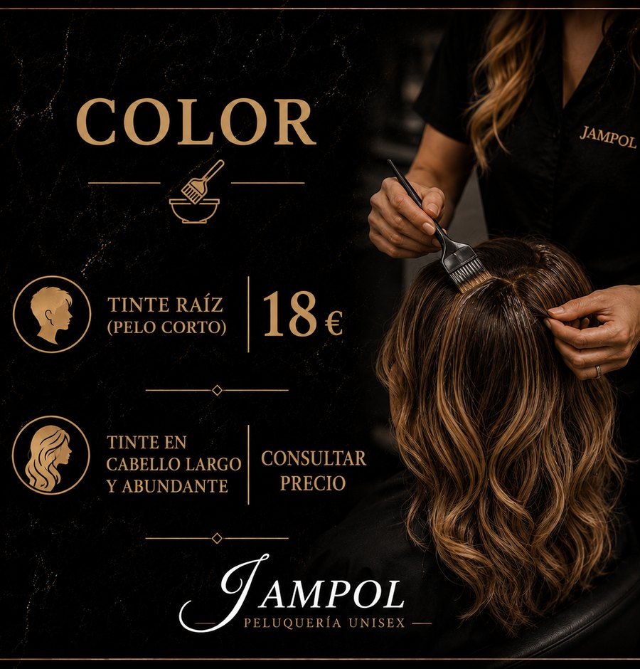Color: tinte raíz (pelo corto) 18 €; tinte en cabello largo y abundante, consultar precio