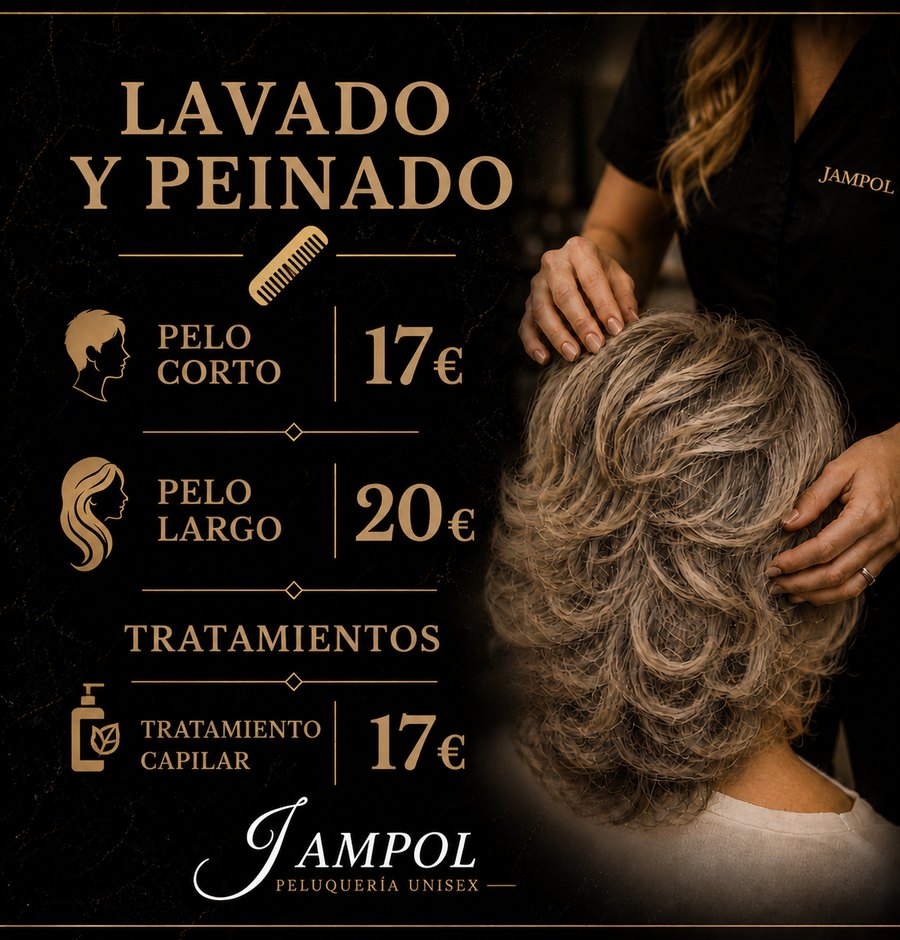 Lavado y peinado: pelo corto 17 €, pelo largo 20 €, tratamiento capilar 17 €